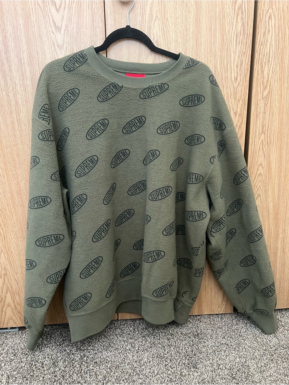 Supreme Olive Green Crewneck with All-Over Logo Print